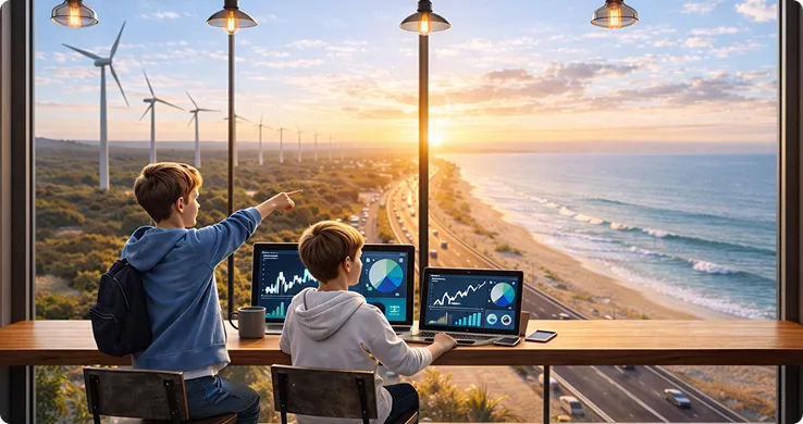 パソコンを見る子どもたちの写真